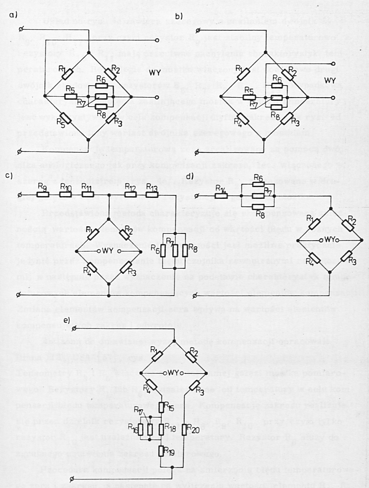 Fig. 4. Compensation circuit of Statham (USA) [71]; a, b, c, d - span compensation; e - zero compensation