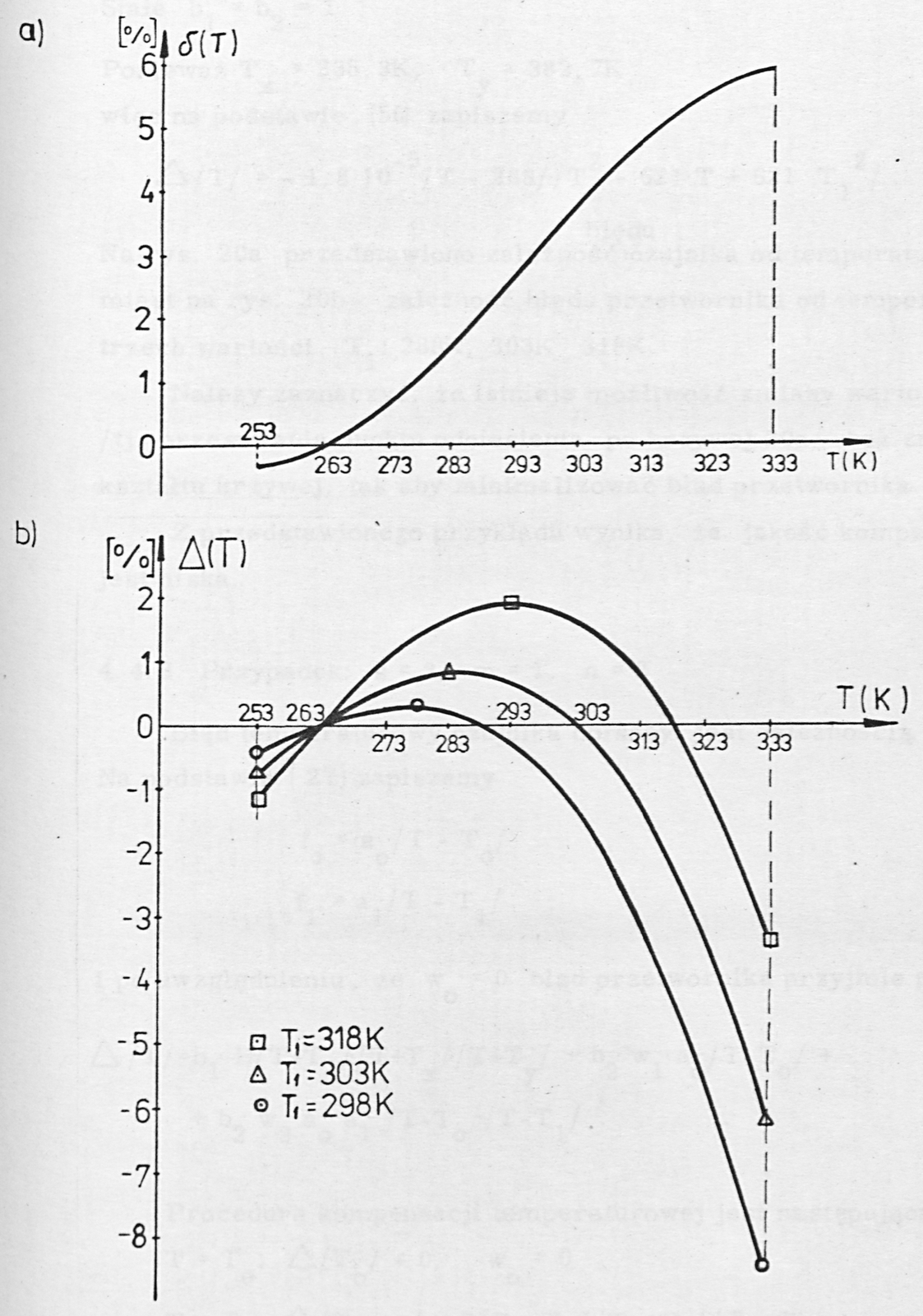 Fig. 20. Temperature error of the sensor δ(T) and of the transducer Δ(T) in the case s = 3, m = 1, n = 1.